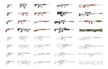 Taktik saldırı tüfekleri. Askeri siluetler. Çeşitli modern silahlar. Sivri uçlu silahlar, AK 47, keskin nişancı tüfekleri, tanksavar bombaları. Vektör çizimi. Beyaz arkaplanda izole.