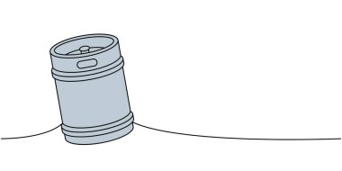 Metal bira fıçısı bir çizgi renkli aralıksız çizim. Bira barı ürünleri tek satırlık illüstrasyonlar halinde. Vektör doğrusal çizim. Beyaz arkaplanda izole