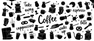 Sade kahve seti. Fasulye, içecek, esrar, paket, öğütücü, filtre, makine, iskele filtresi, su ısıtıcısı. Kafe menüsü ve kahve dükkanı için elle çizilmiş öğeler.