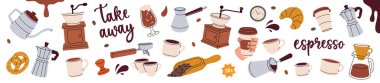 Kahve seti. Kafe menüsü, kahve dükkanı. Fasulye, içecek, kap, kap, paket, öğütücü, filtre, makine, iskele filtresi, su ısıtıcısı. Vektör çizimi. Beyaz arkaplanda izole.