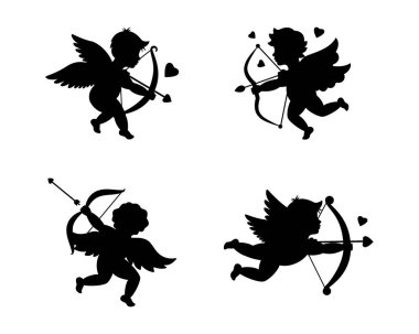 Sevgililer günü aşıkları. Aşk sembolü. Kanatlı bir melek. Meleklerin silueti. Cupids ok atıyor. Vektör çizimi. Beyaz arkaplanda izole.