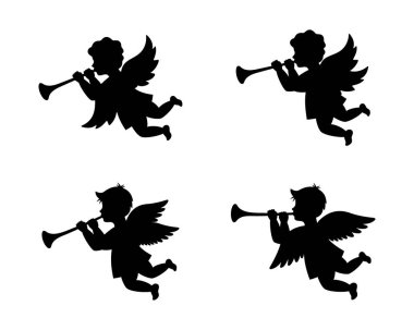 Haberci melekler trompet üflüyor. Kanatlı bir melek. Melek tüpün içine üflüyor. Vektör çizimi. Beyaz arkaplanda izole.