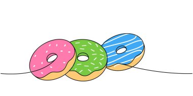 Jöleli donut bir çizgi renkli sürekli çizim çiziyor. Pastanede tatlı hamur işi. Vektör doğrusal çizim. Beyaz arkaplanda izole