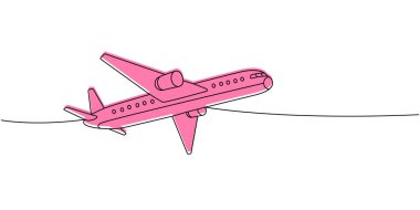 Uçak, yolcu uçağı. Bir çizgi sürekli çizilmiş. Farklı hava taşımacılığı tek bir çizgiden devam ediyor. Vektör minimalist doğrusal çizim. Beyaz arkaplanda izole