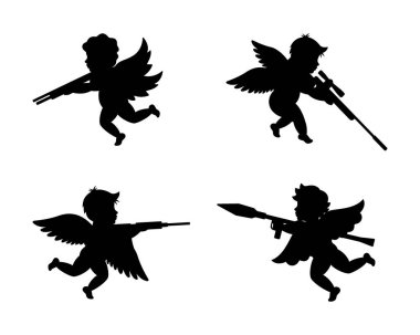 Silahlı melekler var. Aşk tanrısı ateş ediyor. Kanatlı bir melek. Meleklerin silueti. Vektör çizimi. Beyaz arkaplanda izole.