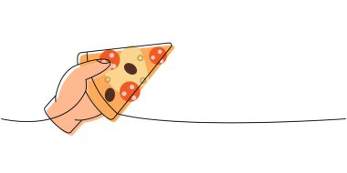 El ele tutuşan İtalyan pizzası tek çizgi renkli sürekli çizim. Geleneksel İtalyan fast food 'u tek bir çizgiden ibaret. Vektör doğrusal çizim. Beyaz arkaplanda izole