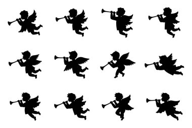 Melek hazır. Kanatlı bir melek. Haberci melek trompet üflüyor. Melek tüpün içine üflüyor. Vektör çizimi. Beyaz arkaplanda izole.