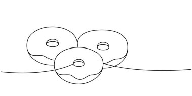 Donutlar, sürekli çizim yapan bir krema. Pastanede tatlı hamur işi. Vektör doğrusal çizim. Beyaz arkaplanda izole