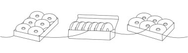 Kutu çörekler bir çizgi aralıksız çiziyor. Pastanede tatlı hamur işi. Vektör doğrusal çizim. Beyaz arkaplanda izole