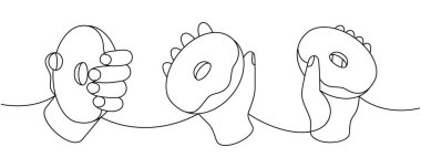 Elleri donutları tutarken bir çizgi sürekli çiziyor. Pastanede tatlı hamur işi. Vektör doğrusal çizim. Beyaz arkaplanda izole