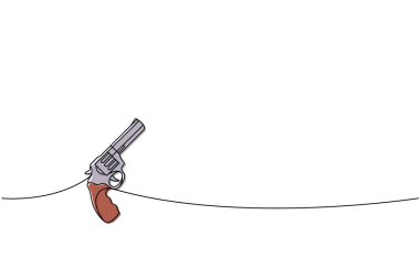 Modern revolver tek çizgi renkli sürekli çizim. Çeşitli modern silahlar sürekli tek bir çizgiden yansıtılıyor. Vektör doğrusal çizim. Beyaz arkaplanda izole