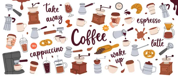 Kahve seti. Kafe menüsü ve kahve dükkanı için el yapımı öğeler. Fasulyeler, içecekler, bardaklar, kap, paket, öğütücü, filtre, makine, portafinter vektör illüstrasyonu beyaz arkaplanda izole edildi