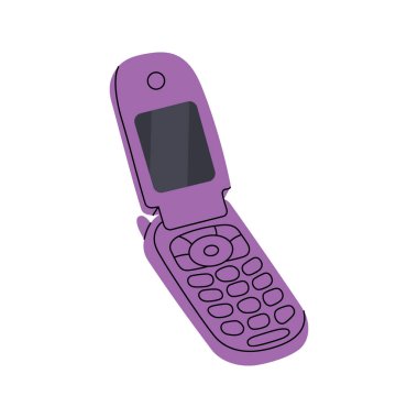 Eski bir cep telefonu. Eski iletişim cihazları. Vektör çizimi. Beyaz arkaplanda izole