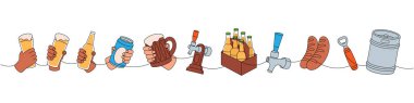 Bira fabrikası bir çizgi çizdi. Renkli sürekli çizim. Metal fıçı, şişe açacağı, sosis, bira musluğu, kutu, bardak, bardak, bardak, bira şişeli eller sürekli bir çizim. Beyaz arkaplanda izole