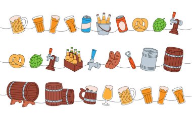 Bir dizi bira fabrikası. Renkli, sürekli çizim. Tahta fıçılar, teneke kutular, bardaklar, bardaklar, metal fıçı, şişe açacağı, sosisler, tap, hop koni aralıksız tek çizgi çizimi.