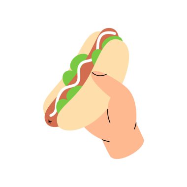 El ele tutuşan sosisli. Atıştırmalık bir şeyler. Vektör çizimi. Beyaz arkaplanda izole