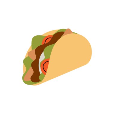 Etli taco, sebze ve tortilla. Geleneksel Meksika sokak fast food 'u. Vektör çizimi. Beyaz arkaplanda izole
