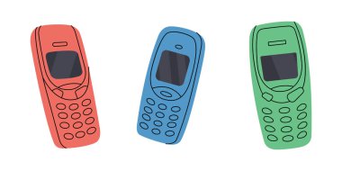 Eski cep telefonları hazır. Eski iletişim cihazları. Vektör çizimi. Beyaz arkaplanda izole