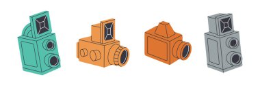 Eski film kamerası, eski fotoğraf makinesi. Profesyonel fotoğraf ekipmanları. Vektör çizimi. Beyaz arkaplanda izole