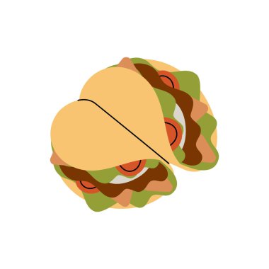 El ele tutuşarak ızgara taco. Geleneksel Meksika sokak fast food 'u. Vektör çizimi. Beyaz arkaplanda izole