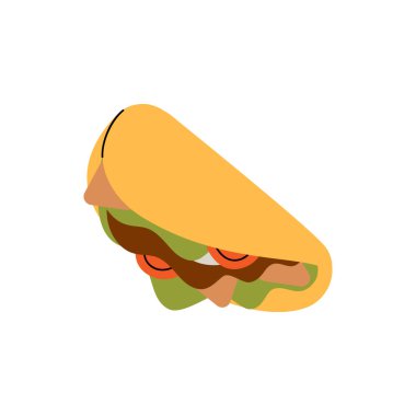 Meksika takosu. Geleneksel Meksika sokak fast food 'u. Vektör çizimi. Beyaz arkaplanda izole