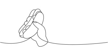 El ele tutuşan sosisli bir çizgi sürekli çiziyor. Atıştırmalık bir şeyler. Vektör doğrusal çizim. Beyaz arkaplanda izole