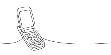 Retro flip cep telefonu bir satır aralıksız çizim. Eski iletişim cihazları. Vektör doğrusal çizim. Beyaz arkaplanda izole