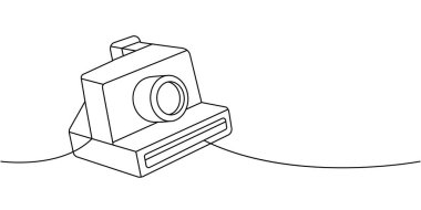 Anında kamera bir çizgi aralıksız çizer. Profesyonel fotoğraf ekipmanları. Vektör doğrusal çizim. Beyaz arkaplanda izole
