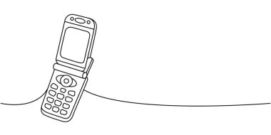 Flip mobile one line continuous drawing. Old communication gadgets. Vector linear illustration. Isolated on white background clipart