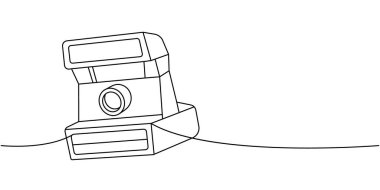 Polaroid kamera, klasik kamera bir çizgi sürekli çizim. Profesyonel fotoğraf ekipmanları. Vektör doğrusal çizim. Beyaz arkaplanda izole