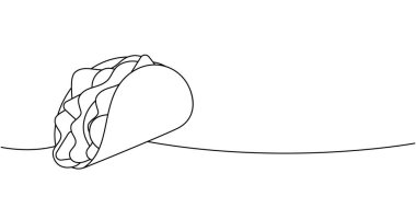 Biftekli Meksika taco 'su. Sürekli çizim halinde. Geleneksel Meksika sokak fast food 'u. Vektör doğrusal çizim. Beyaz arkaplanda izole