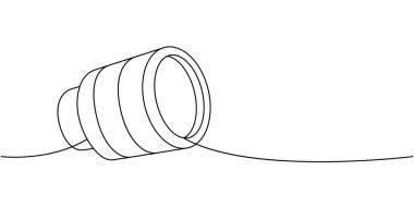 Fotoğraf objektifi, kepenk aralıksız bir çizgi çiziyor. Profesyonel fotoğraf ekipmanları. Vektör doğrusal çizim. Beyaz arkaplanda izole