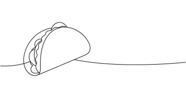 Etli taco, sebze ve tortilla. Sürekli çizim halinde. Geleneksel Meksika sokak fast food 'u. Vektör doğrusal çizim. Beyaz arkaplanda izole