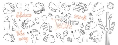 Taco ana hatları ayarlandı. Atıştırmalık bir şeyler. Etli taco, sebze ve tortilla. Geleneksel Meksika sokak fast food 'u. Vektör çizimi. Siyah arkaplanda izole.