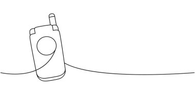 Çevir stili cep telefonu bir satır aralıksız çizim. Eski iletişim cihazları. Vektör doğrusal çizim. Beyaz arkaplanda izole