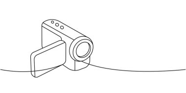 Video kamera bir satır aralıksız çizim. Profesyonel fotoğraf ekipmanları. Vektör doğrusal çizim. Beyaz arkaplanda izole