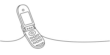 Cep telefonu bir satır aralıksız çizim. Eski iletişim cihazları. Vektör doğrusal çizim. Beyaz arkaplanda izole