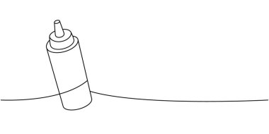 Restoranlar için bir sos şişesi sürekli bir çizim. Plastik şişe ketçap. Vektör doğrusal çizim. Beyaz arkaplanda izole