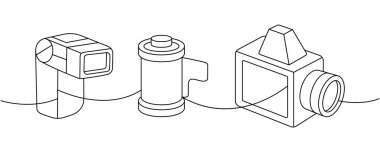 Harici flaş, kamera kaydı, körüklü klasik kamera tek çizgi aralıksız çizim. Profesyonel fotoğraf ekipmanları. Vektör doğrusal çizim. Beyaz arkaplanda izole