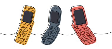 Bir dizi cep telefonu bir çizgi renkli sürekli çizim. Eski iletişim cihazları. Vektör doğrusal çizim. Beyaz arkaplanda izole