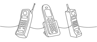 Eski moda telefonlar sürekli bir çizgi çizer. Eski iletişim cihazları. Vektör doğrusal çizim. Beyaz arkaplanda izole