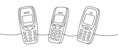 Eski cep telefonları sürekli bir hat çizer. Eski iletişim cihazları. Vektör doğrusal çizim. Beyaz arkaplanda izole