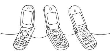 Cep telefonlarını bir satır aralıksız çevirin. Eski iletişim cihazları. Vektör doğrusal çizim. Beyaz arkaplanda izole
