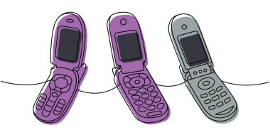 Cep telefonlarını tek çizgi halinde çevir. Renkli sürekli çizim. Eski iletişim cihazları. Vektör doğrusal çizim. Beyaz arkaplanda izole