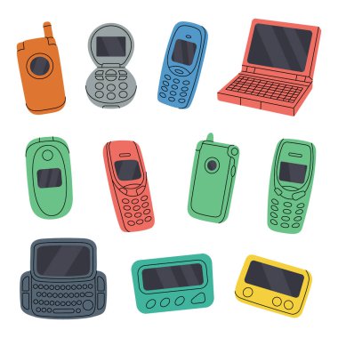 Retro telefonlar hazır. 90 'lardan kalma cep telefonu. Retro elektronik cihazlar. Düğmeli cep telefonu, tuşlu telefon, çevirmeli cep telefonu, çağrı cihazı, çağrı cihazı, cep telefonu. Vektör çizimi. Beyaz arkaplanda izole
