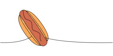 Sosisli sandviç bir çizgi sürekli renkli çizim. Paket servis caddesi fast food. Vektör doğrusal çizim. Beyaz arkaplanda izole