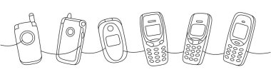Retro telefonlar sürekli çizim halinde. Cep telefonu, eski cep telefonu. Vektör doğrusal çizim. Beyaz arkaplanda izole