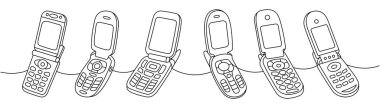 Retro telefonlar sürekli çizim halinde. Kapaklı cep telefonları. Vektör doğrusal çizim. Beyaz arkaplanda izole