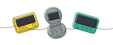 Eski moda iletişim teknolojisi tek çizgi renkli sürekli çizim. Küçük bir telefon, çağrı cihazı, çağrı cihazı. Vektör doğrusal çizim. Beyaz arkaplanda izole