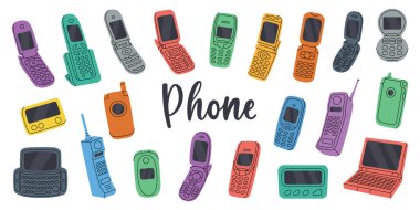 Retro telefonlar. Eski iletişim cihazları. Retro elektronik cihazlar. Tuş takımlı telefon, cep telefonu, çağrı cihazı, cep telefonu, eski telefon. Vektör çizimi. Beyaz arkaplanda izole.